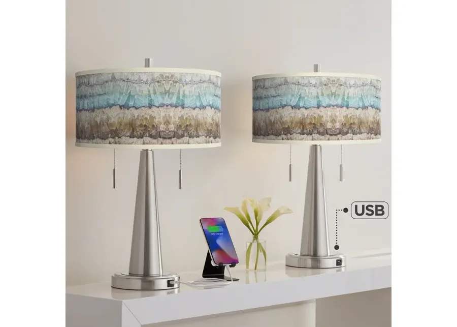 Giclee Glow 23" Marble Jewel Shade Brushed Nickel USB Lamps Set of 2-silver