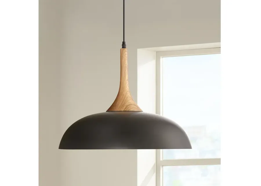 Possini Euro Felton 17 3/4" Black and Wood Finish Modern Dome Pendant-black