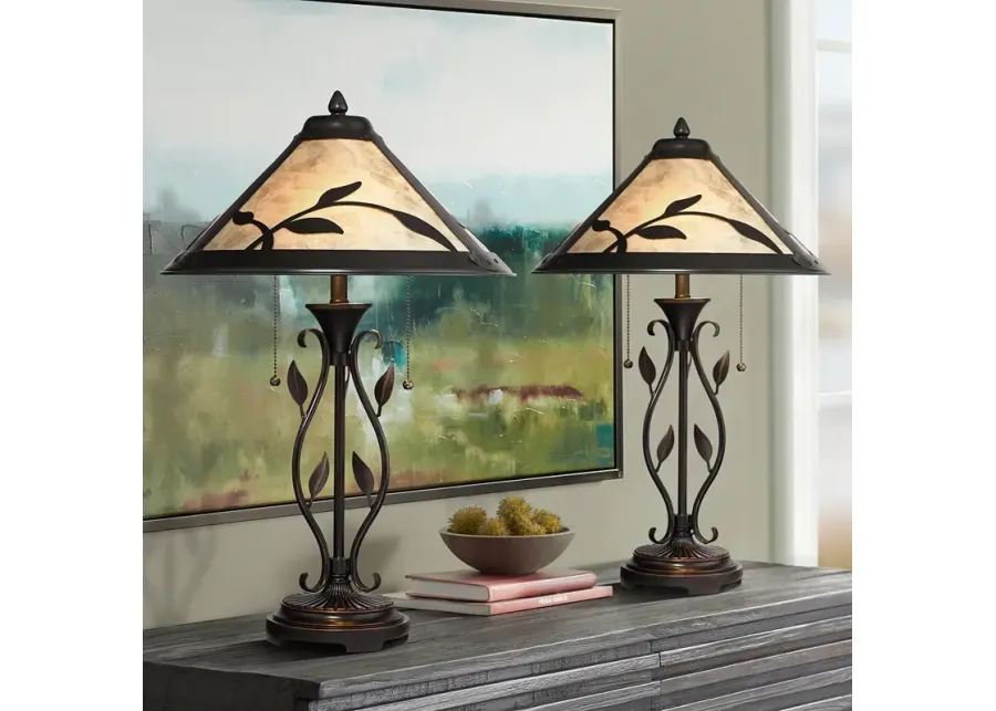Franklin Iron Works 23 3/4" Leaf and Vine Mica Shade Lamps Set of 2-brown