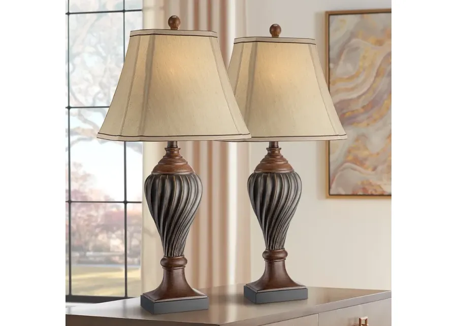 Regency Hill 28 1/2" Carved Oak Brown Traditional Table Lamps Set of 2-brown