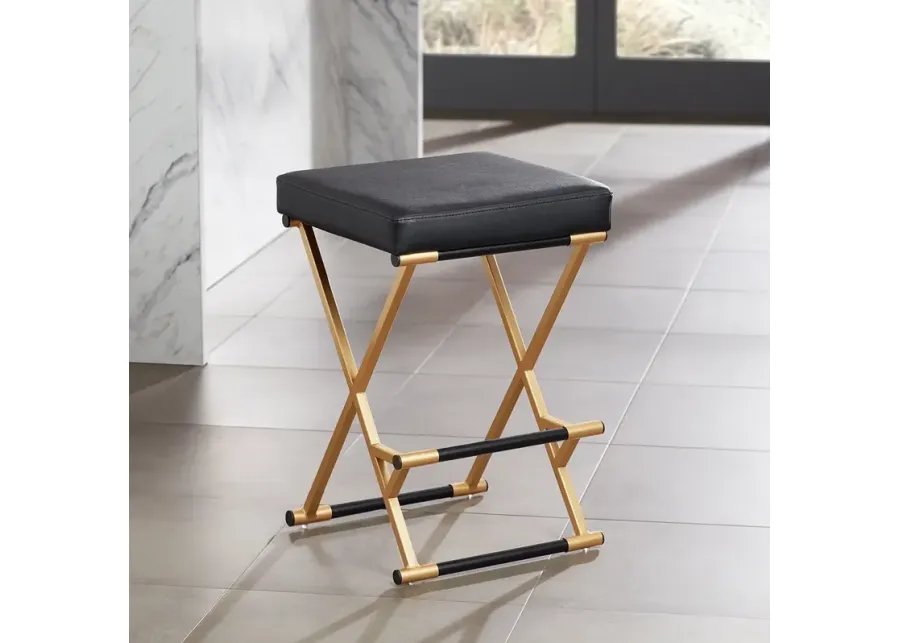 Carter 25" High Black Faux Leather and Gold Counter Stool-gold