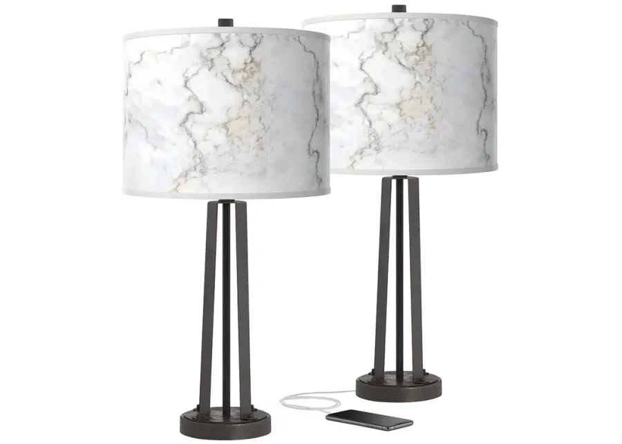 Giclee Glow Susan 25 1/2" Marble Pattern Shades USB Lamps Set of 2-brown