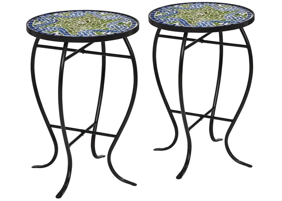 Ocean Wave Mosaic Black Iron Outdoor Accent Tables Set of 2-green