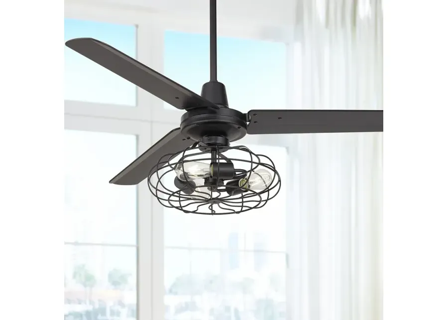 52" Casa Vieja Plaza Matte Black Cage Light Ceiling Fan with Remote-black