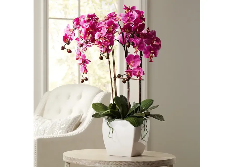 Potted White Ceramic 29" High Faux Fuchsia Orchid-purple