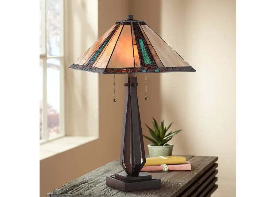 Franklin Iron Works 25" Mission Bronze Tiffany-Style Glass Table Lamp-brown