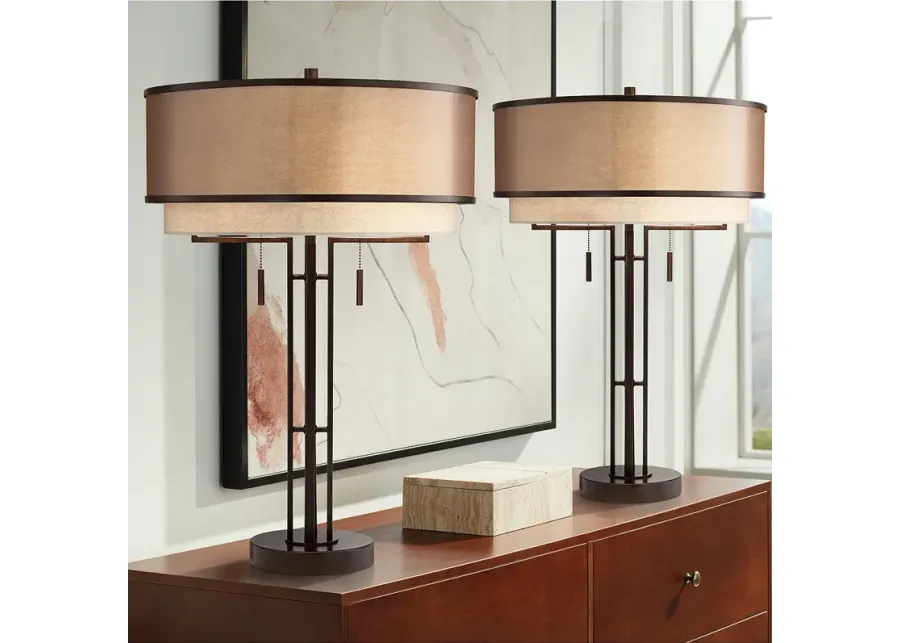 Franklin Iron Works Andes Bronze Double Shade Industrial Lamps Set of 2-brown