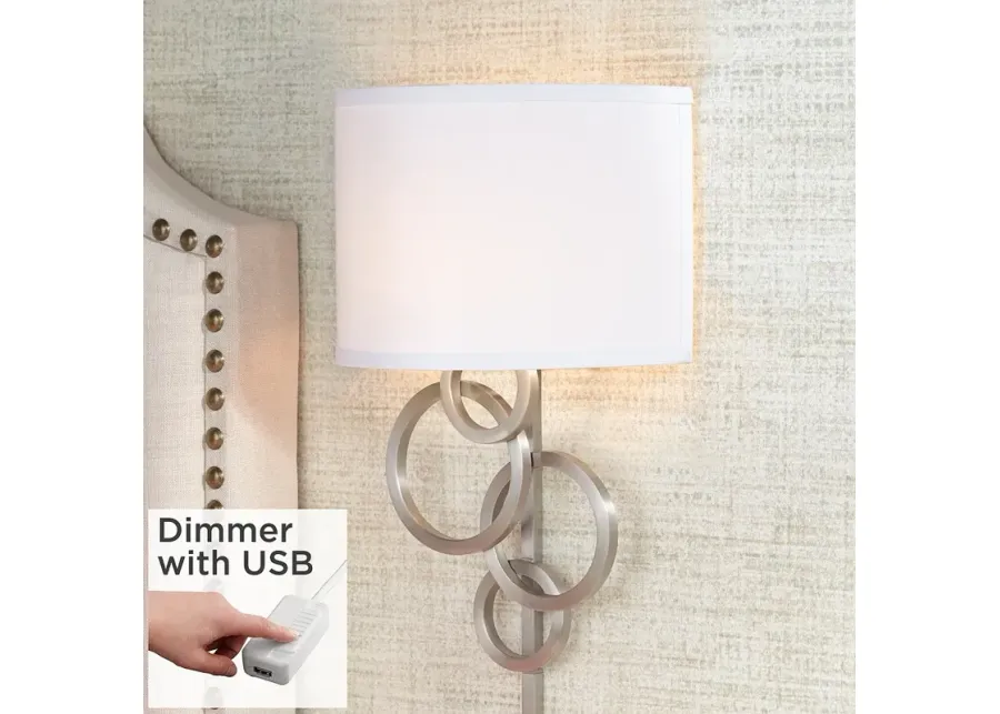 Design Circles Plug-In Wall Sconce with Cord Cover and USB Dimmer-silver
