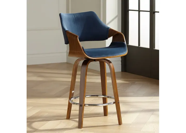 55 Downing Street Westin 25 3/4" Blue Velvet Swivel Counter Stool-silver