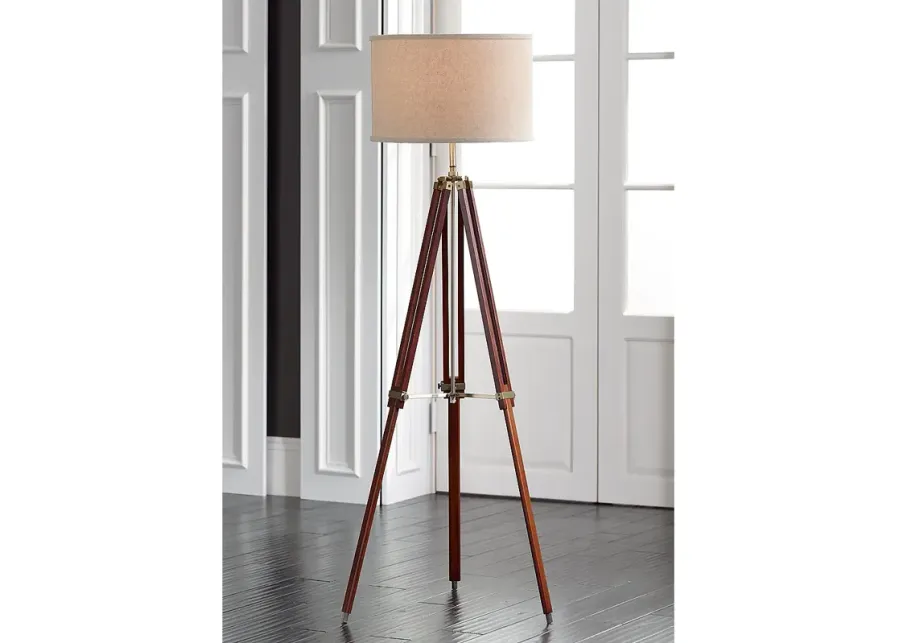 Possini Euro Cherry Wood Adjustable Height Surveyor Tripod Floor Lamp-gold