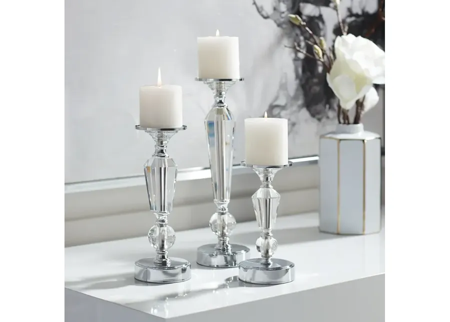 Alix Chrome and Crystal Pillar Candle Holders Set of 3-silver