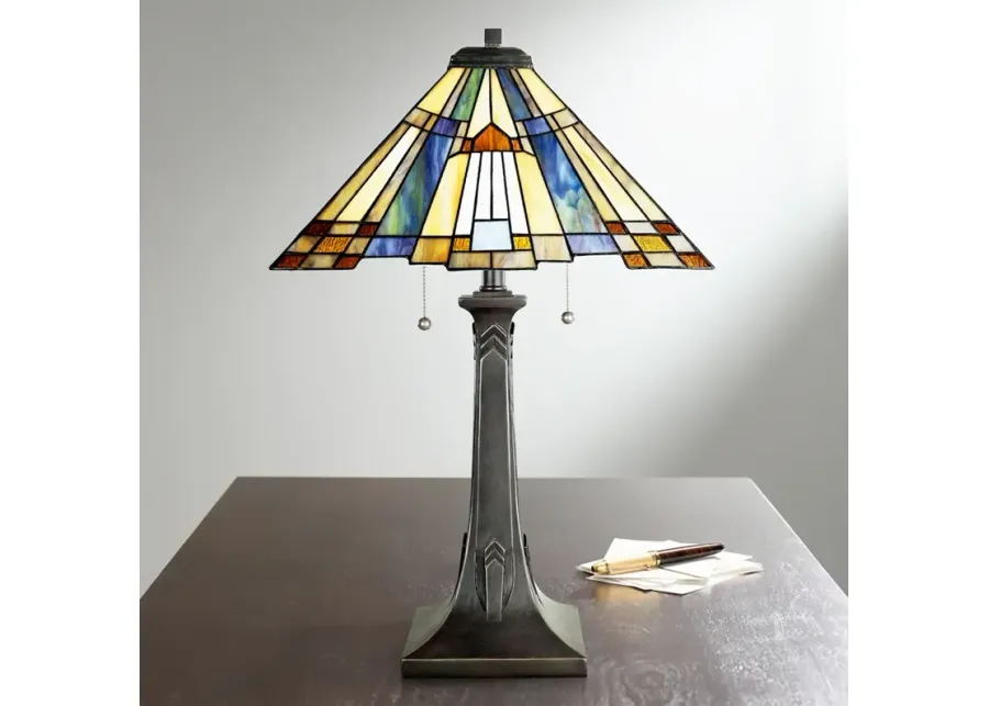 Quoizel Inglenook 25" Glass Arts and Crafts Tiffany-Style Table Lamp-green