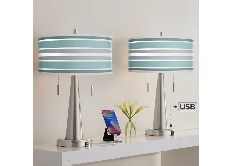 Multi Color Stripes Vicki Nickel USB Table Lamps Set of 2-silver