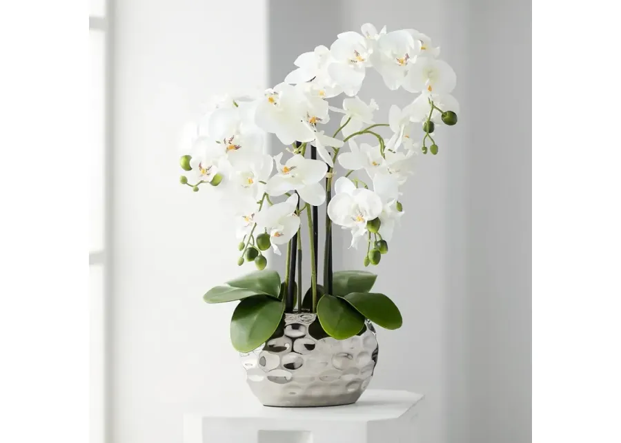 White Phalaenopsis 23" High Faux Orchid Flower in Silver Resin Pot-silver