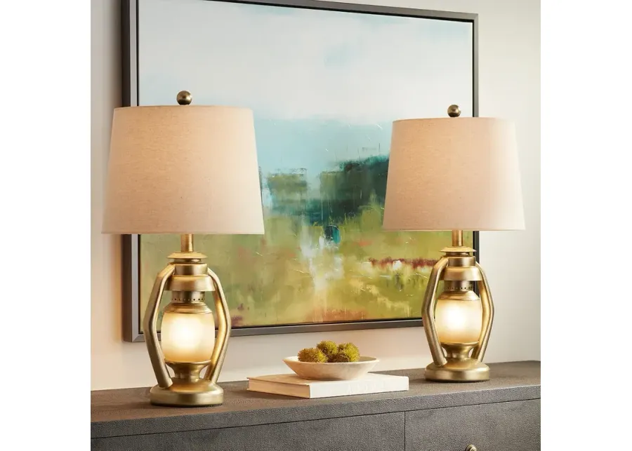 Franklin Iron Works Gold Miner Night Light Lantern Table Lamps Set of 2-gold