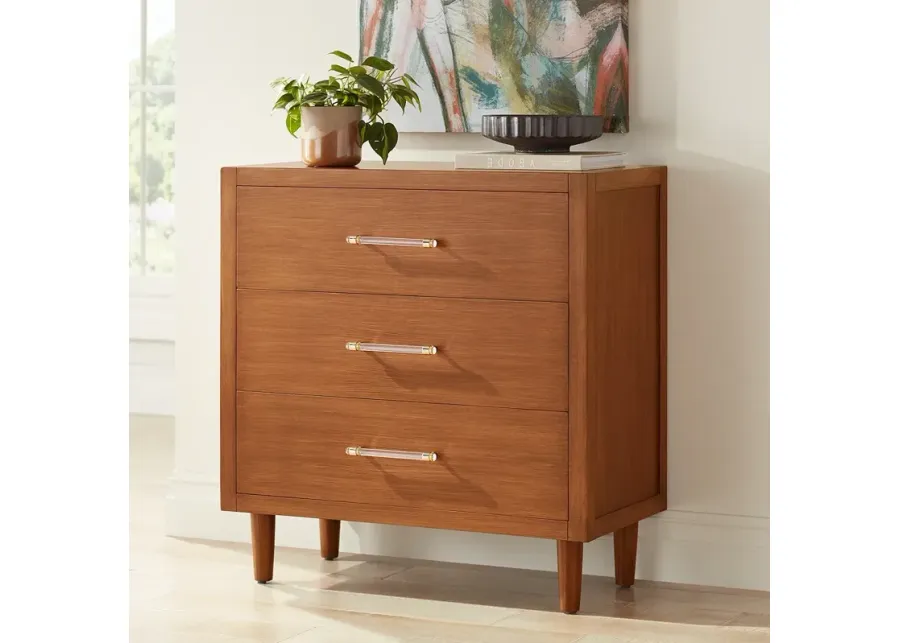 Ollie 32" Wide Brushed Teak 3-Drawer Cabinet with Crystal Handles-brown
