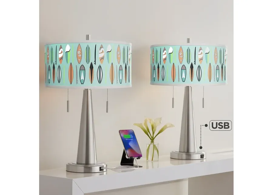 Retro Surf Vicki Brushed Nickel USB Table Lamps Set of 2-silver