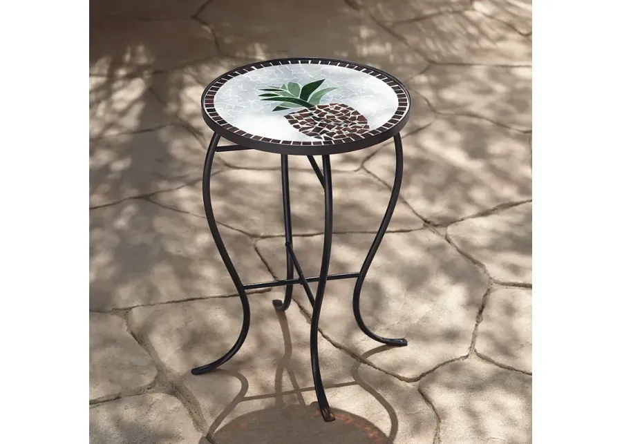 Beige Pineapple Mosaic Round Outdoor Accent Table-black