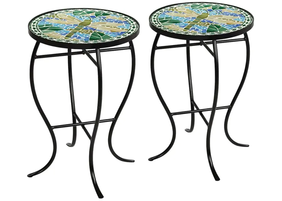 Dragonfly Mosaic Black Iron Outdoor Accent Tables Set of 2-black