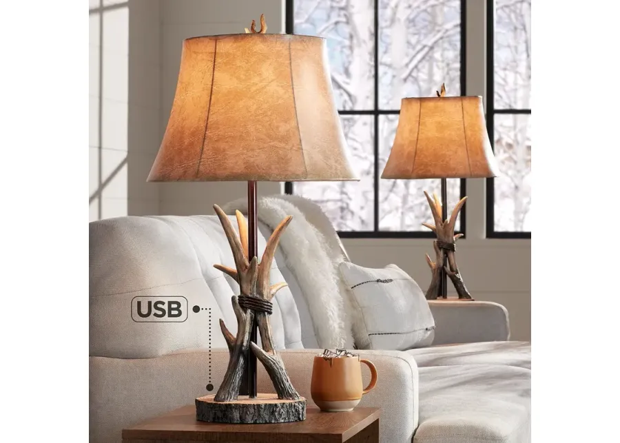 John Timberland Boone 27 1/2" Western Rustic Antler USB Lamps Set of 2-brown