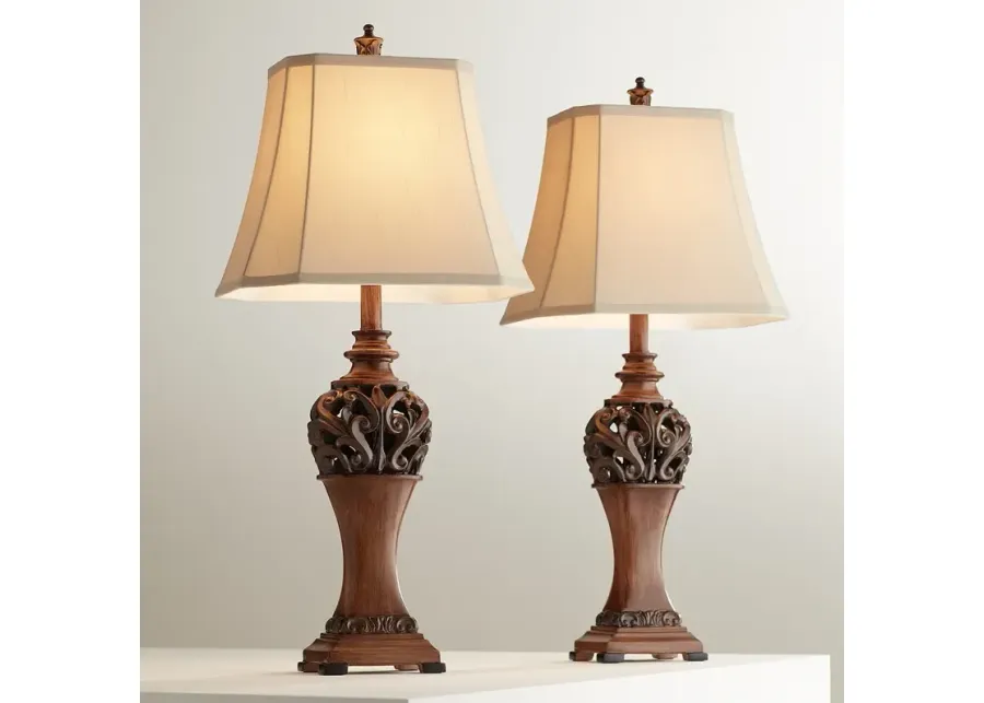 Regency Hill Exeter 30" High Faux Wood Finish Table Lamps Set of 2-brown