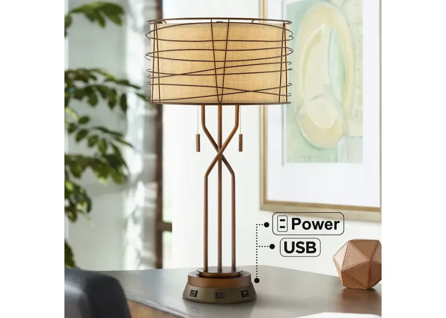 Franklin Iron Works Marlowe Bronze Metal Lamp with USB Workstation Base-brown