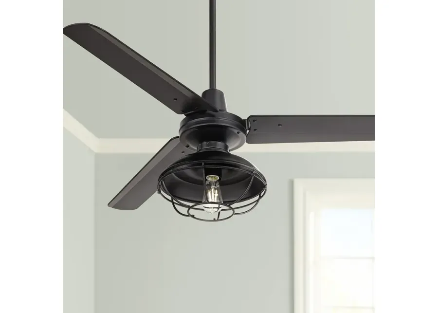 52" Casa Vieja Plaza Matte Black Cage Damp Ceiling Fan with Remote-black