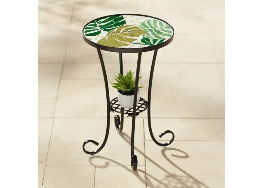 Tropical Leaves Tiffany-Style Mosaic Black Outdoor Accent Table-green