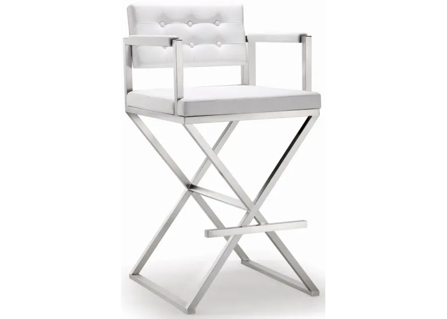 Director White Performance Vegan Leather and Stainless Steel Barstool-White