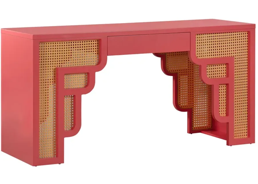 Suzie Coral Pink & Rattan Executive Desk-Pink