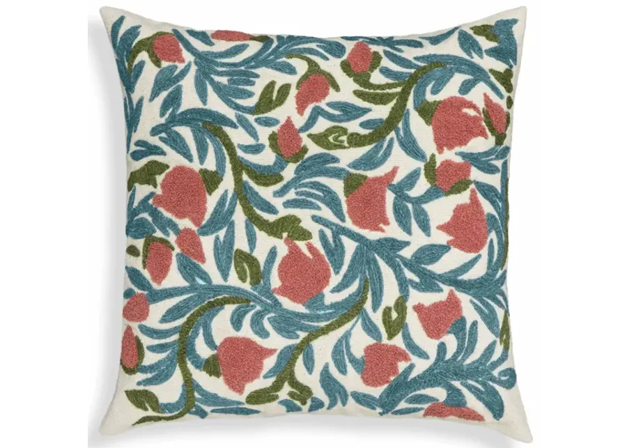 Tulip Embroidered Floral Wool 20" Square Accent Cushion - COVER-Multi