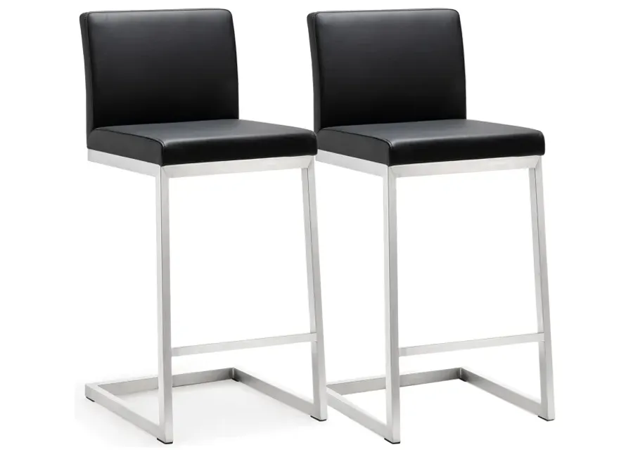 Parma Black Performance Vegan Leather and Stainless Steel Counter Stool - Set of 2-Black